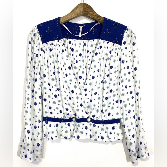 Free People Mixed Media Blue Geo Print Wrap Surplice Plunge Ruffle Blouse Top - Picture 6 of 9